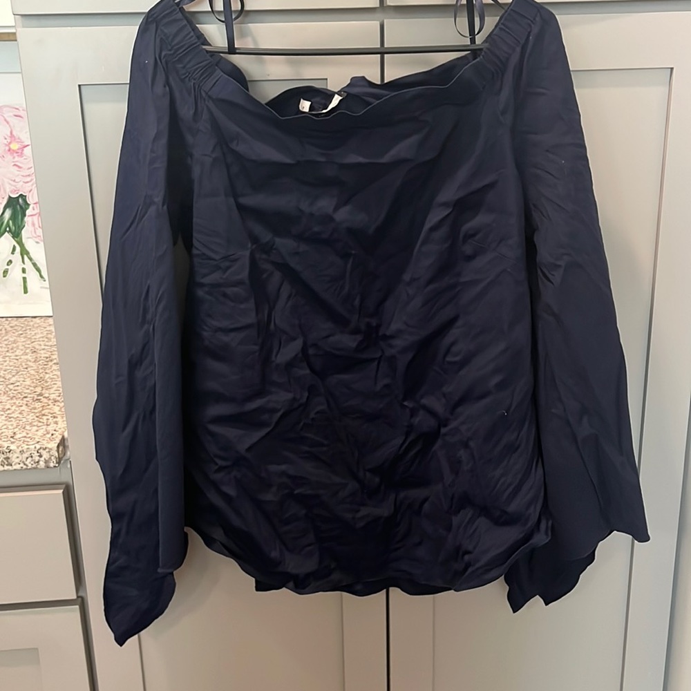 White House Black Market Navy Off the Shoulder Bow Sleeve Blouse